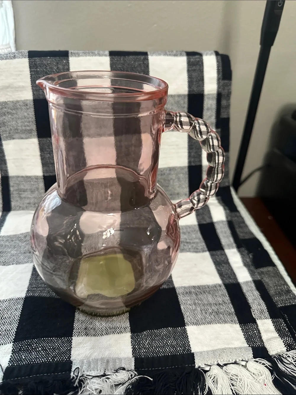 Pink and green Glass Pitcher with Beaded glass Handle NWT